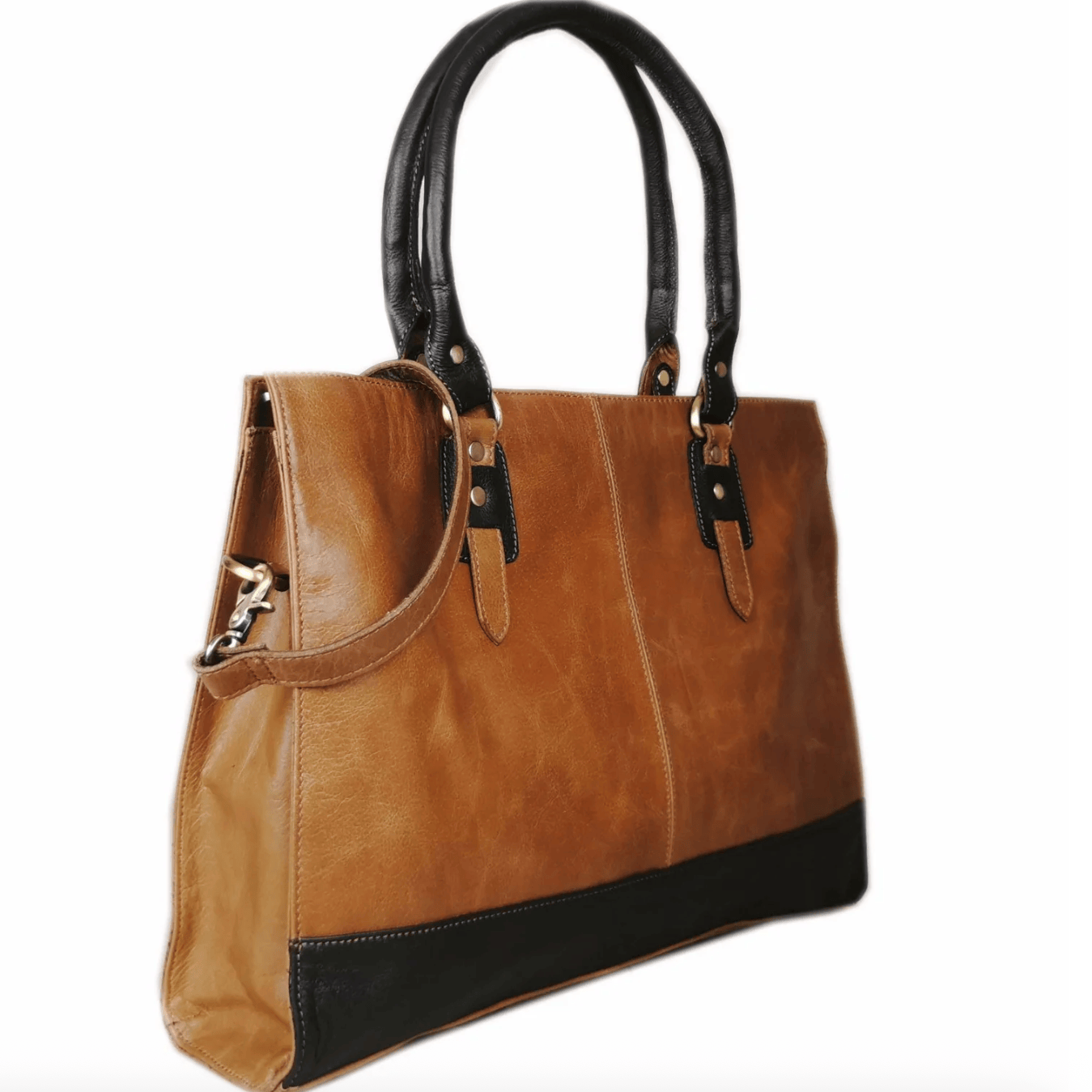 Brown leather handbag with black accents, Sept 18 screenshot.