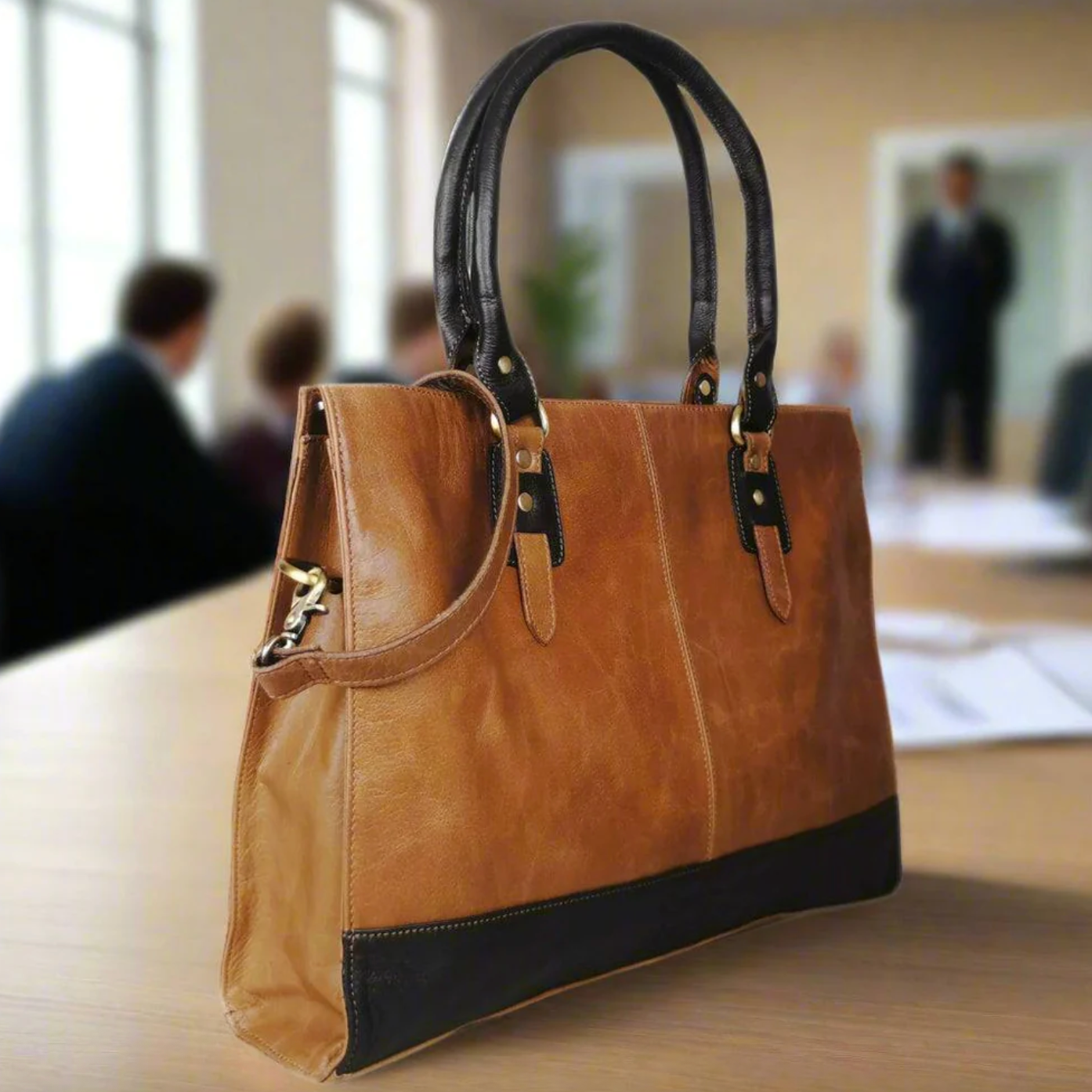 Brown leather briefcase in a meeting, Screenshot 2025