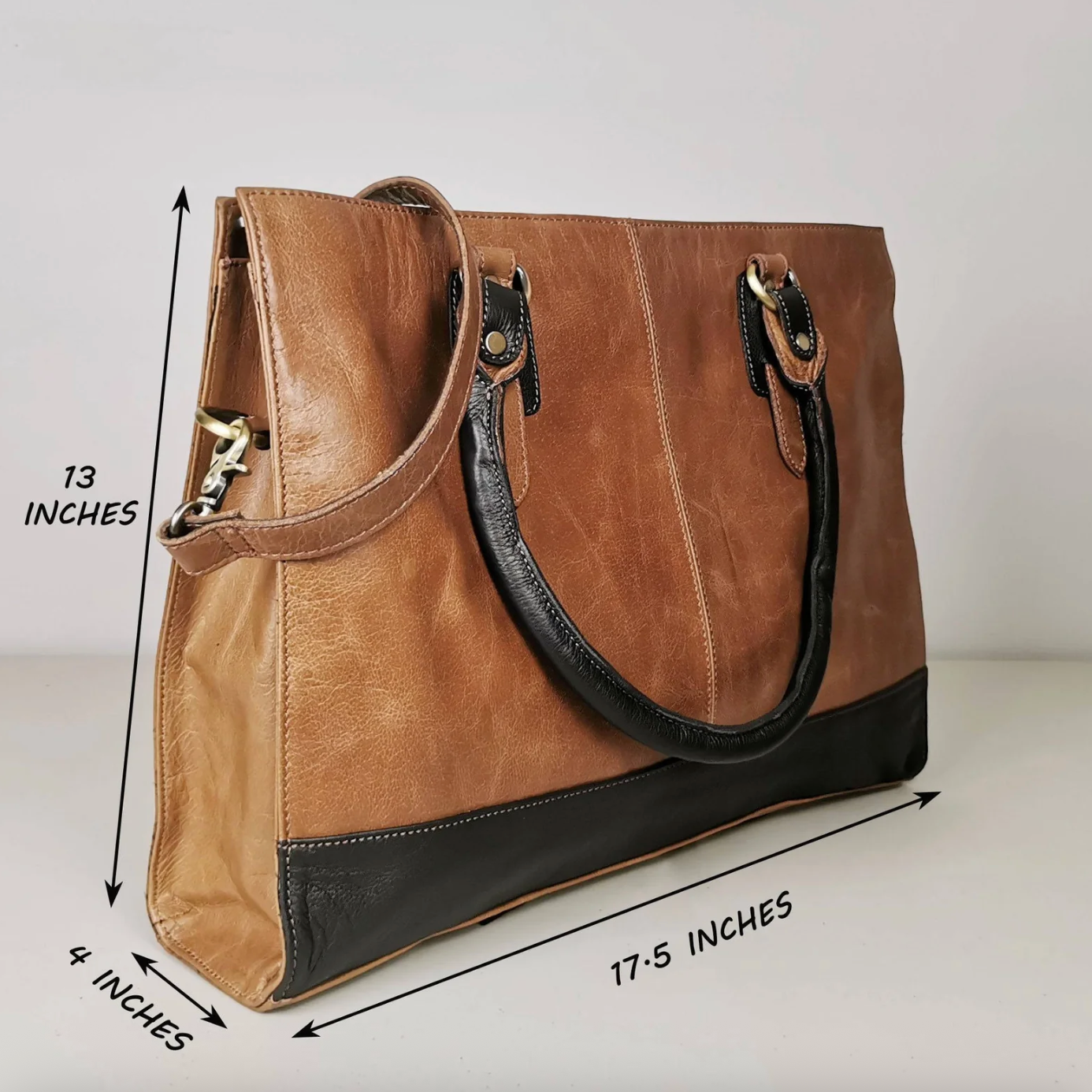 Leather tote bag, screenshot from 2025-09-18, showing dimensions