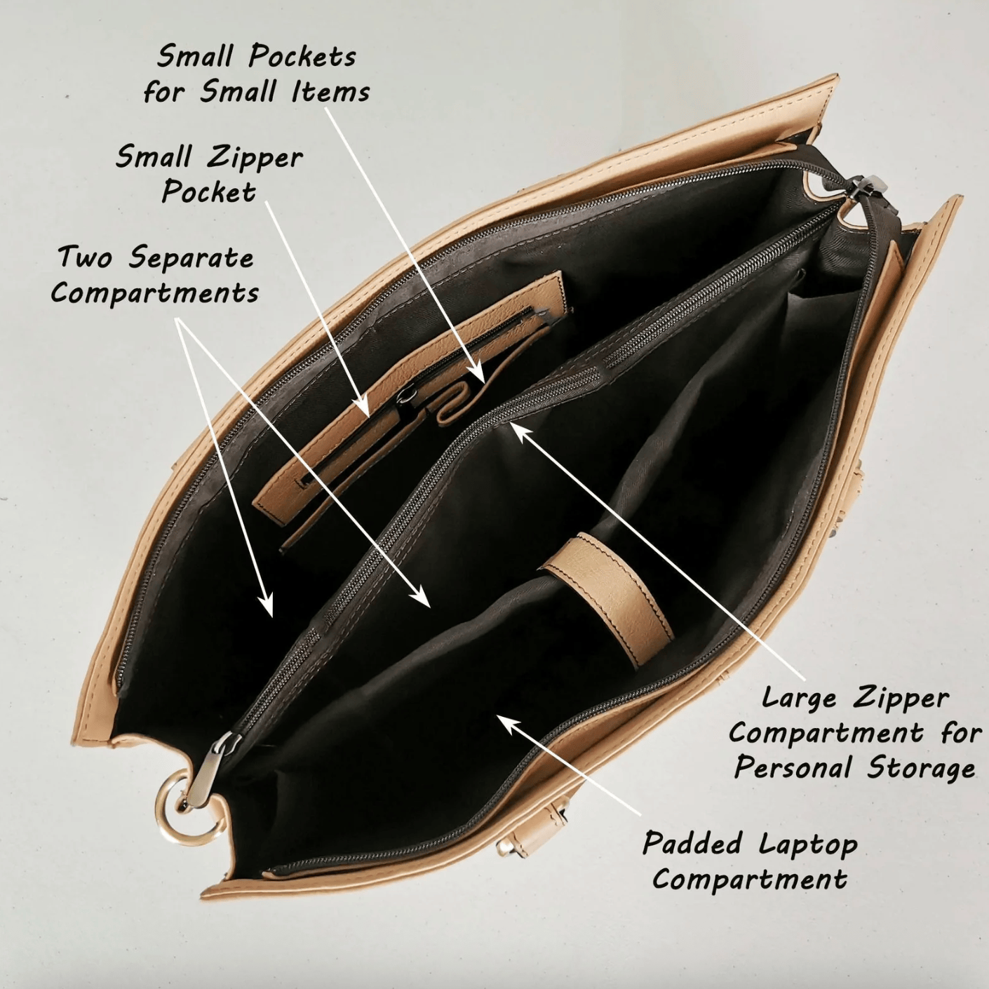 Open beige briefcase interior with compartments