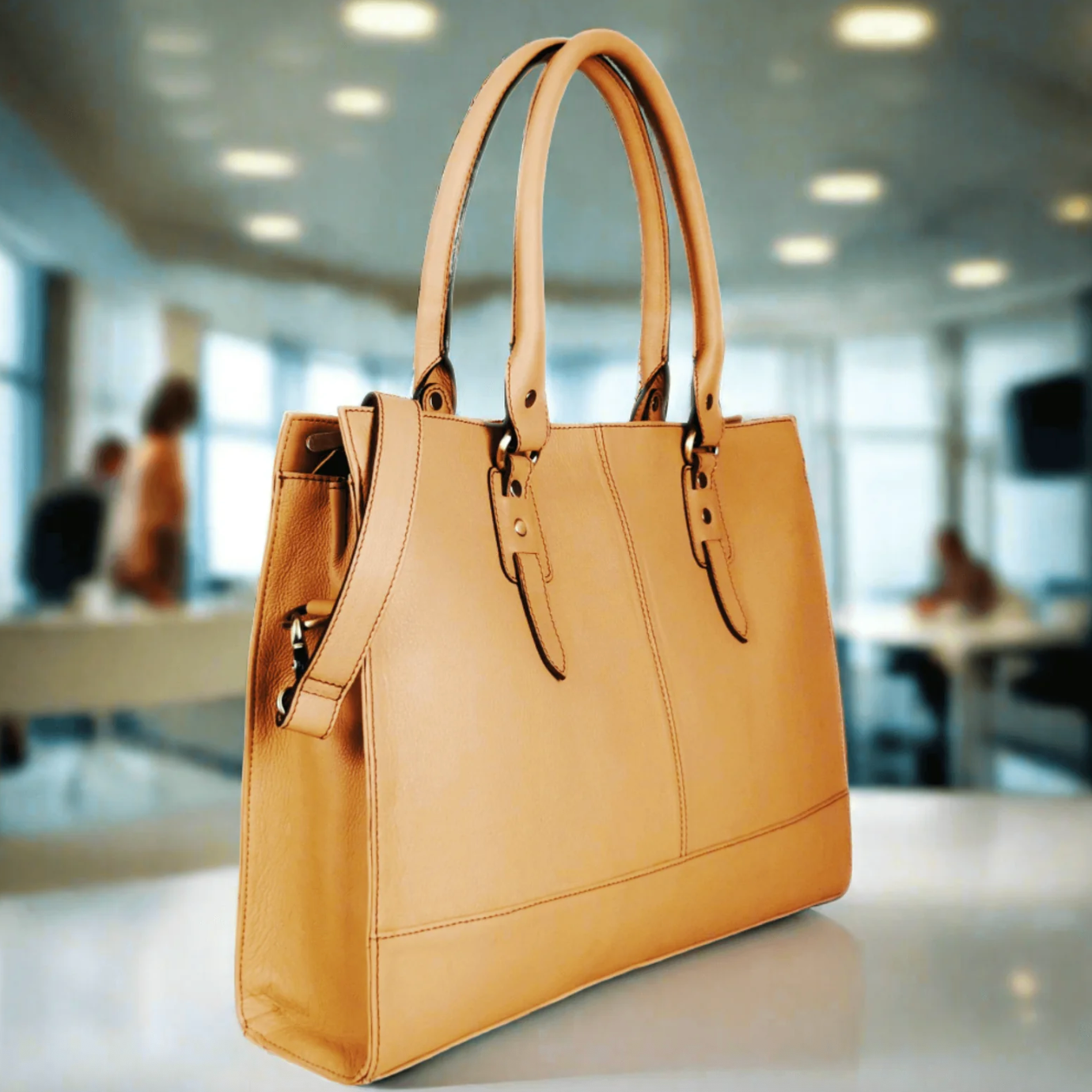 Tan leather handbag on display, screenshot 2025-09-18