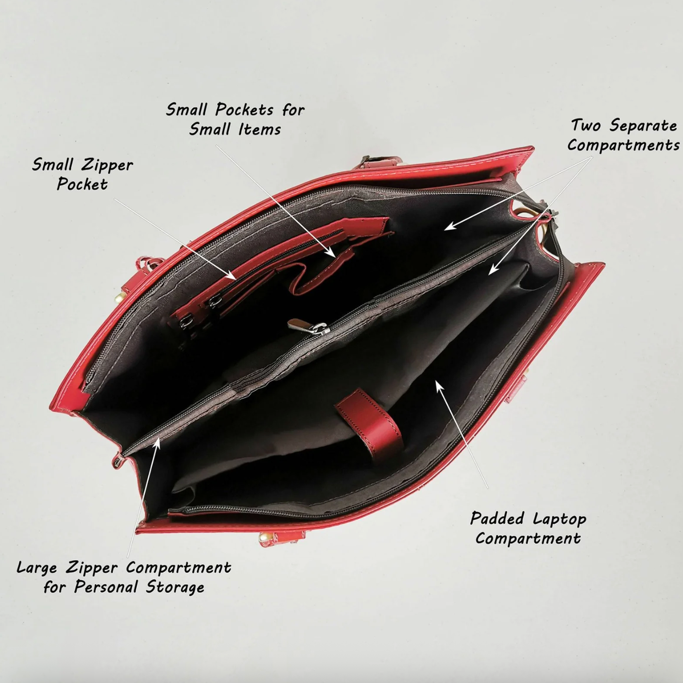 Red leather briefcase interior with compartments, screenshot Sept 18, 2025.