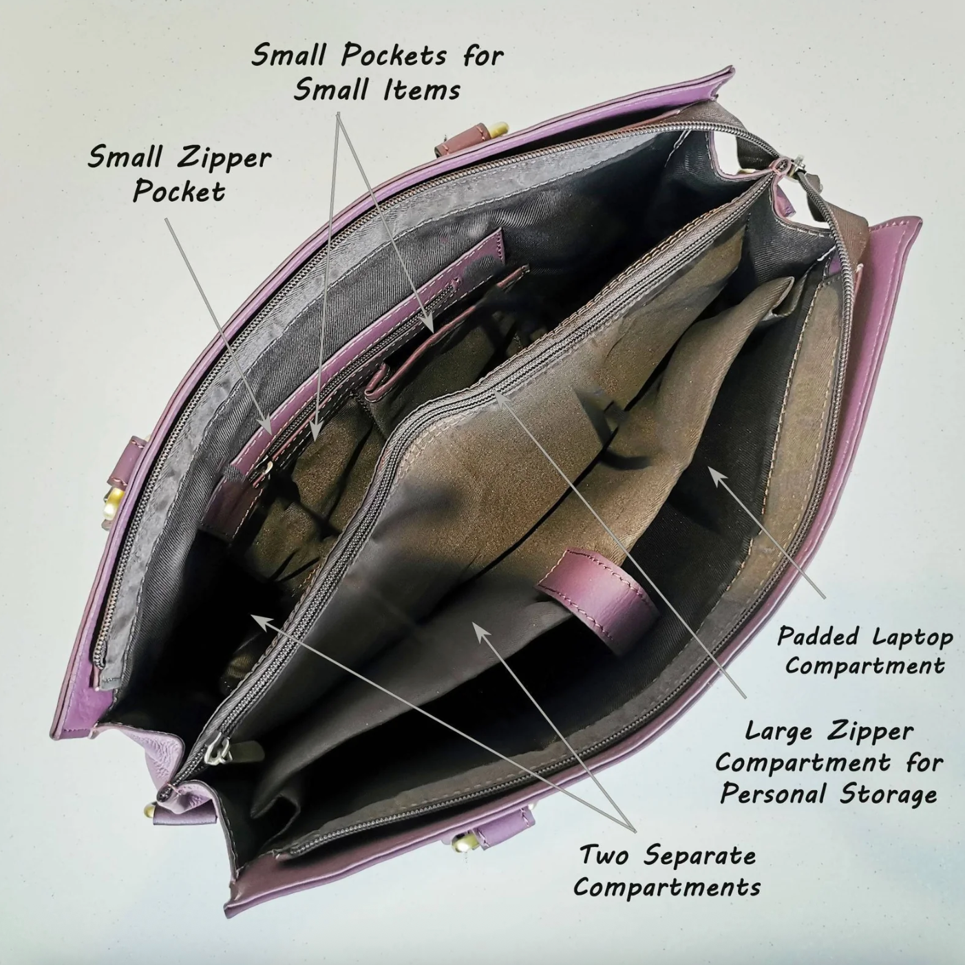 Purple laptop bag interior with compartments, Screenshot 2025-09-18 at 6.03.48PM
