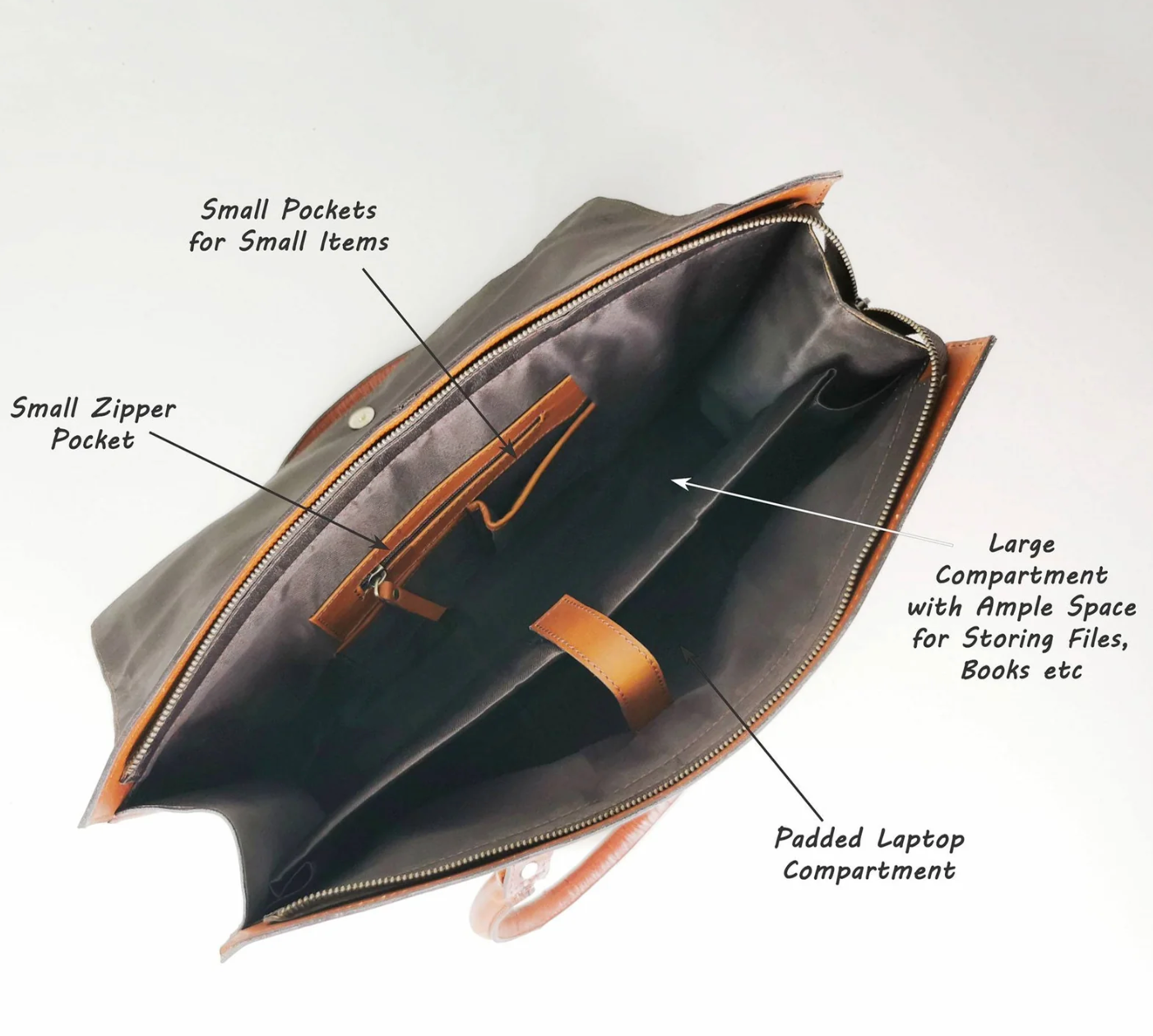 Open leather briefcase interior with pockets and compartments.