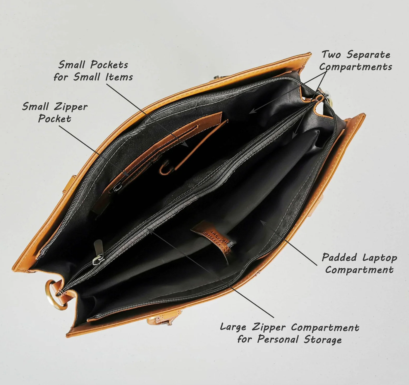 Leather briefcase interior with compartments, screenshot 2025-09-19.