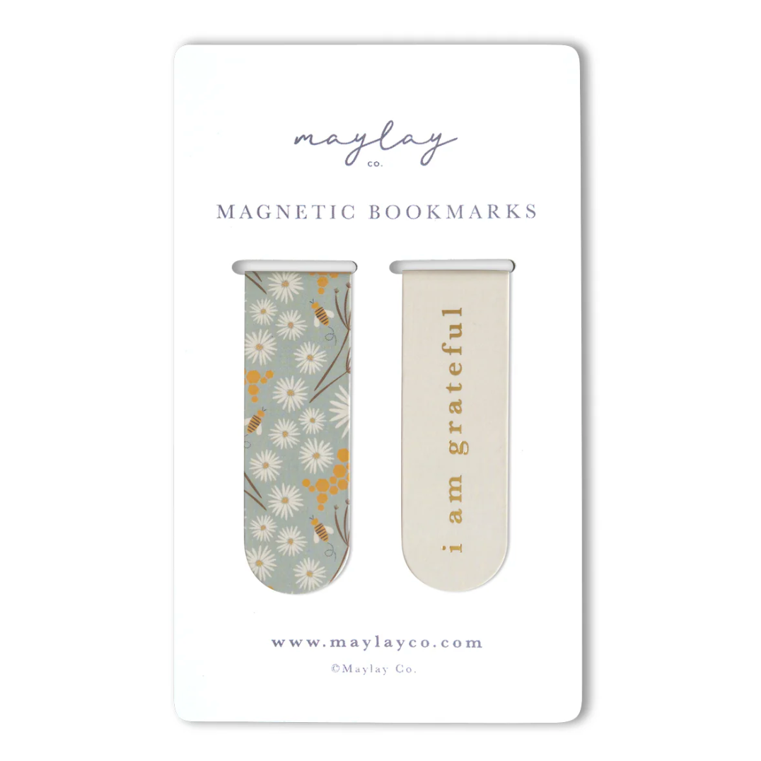Maylay Co. - Bees Floral "I Am Grateful" Magnetic Bookmarks (Set of 2)