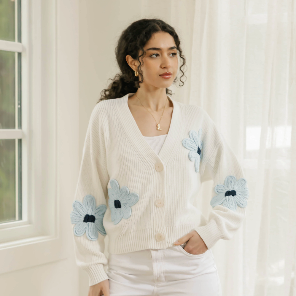 Smash & Tess NORA Daisy Cotton Cardigan - Ivory/Light Blue