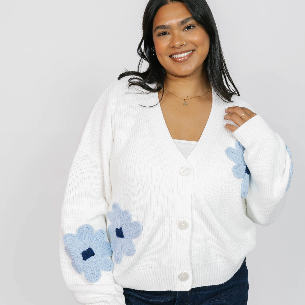 Smash & Tess NORA Daisy Cotton Cardigan - Ivory/Light Blue