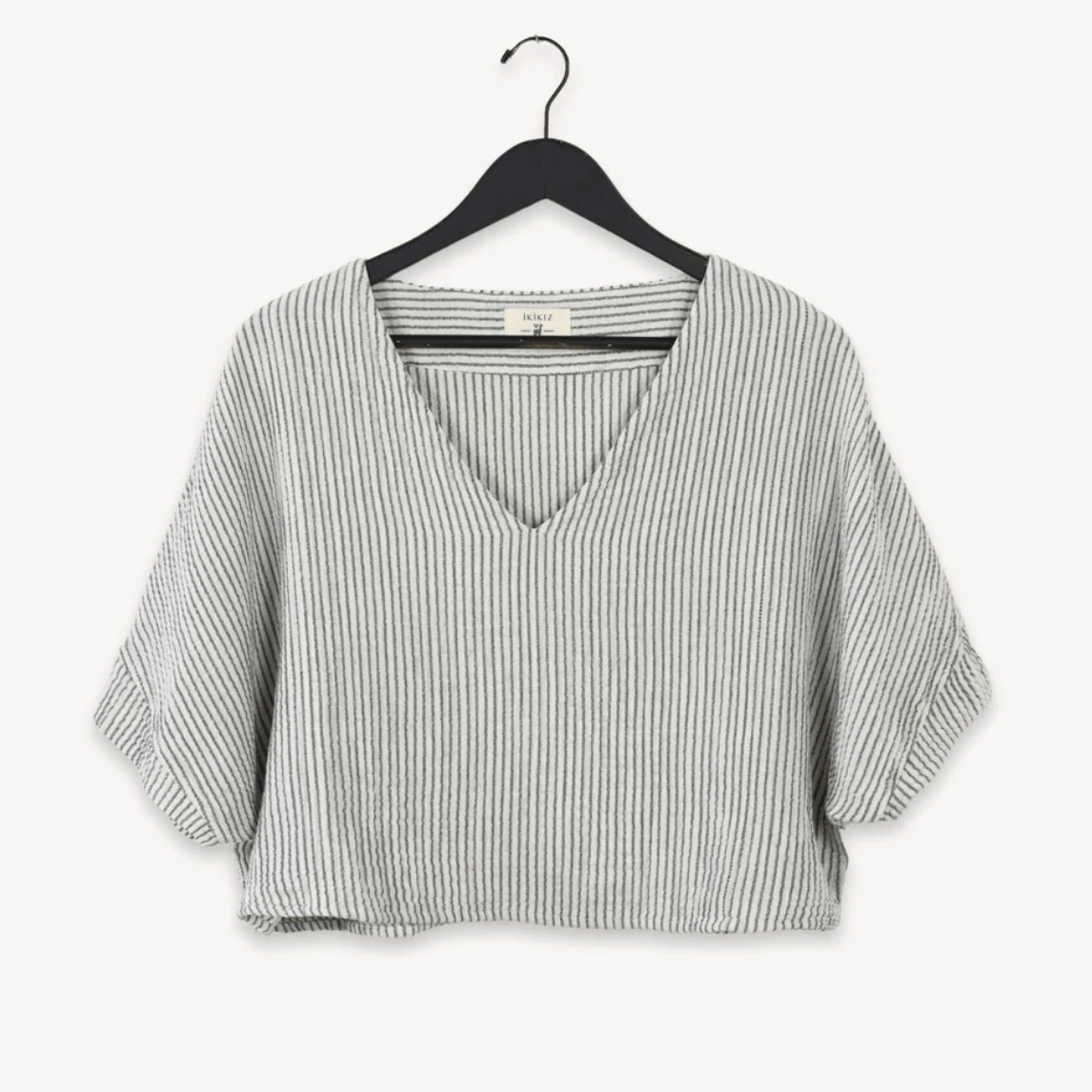 Pokoloko - Charcoal Striped Cotton Blend Crinkle Crop Top