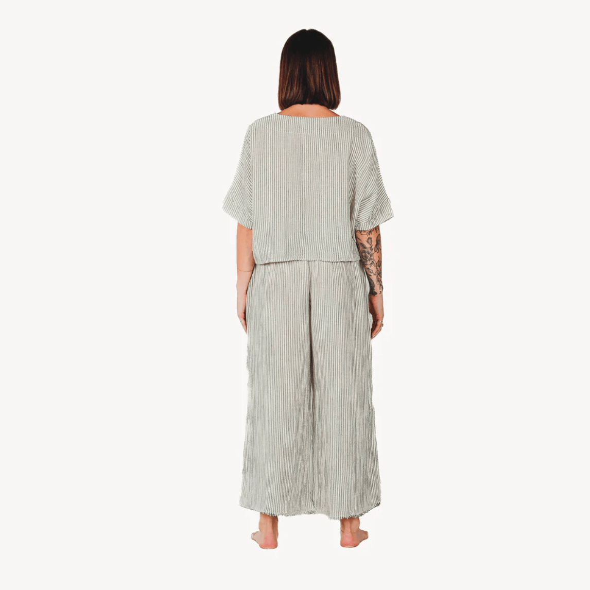 Pokoloko - Charcoal Striped Cotton Blend Crinkle Palazzo Pant