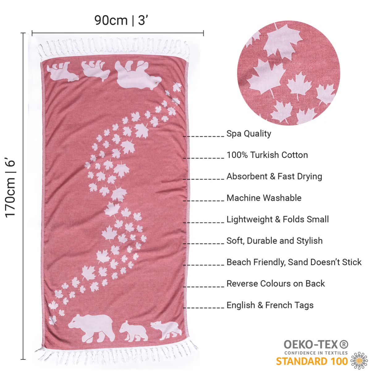 Pomp & Sass Turkish Body Towel - Red & White Canadian Bears