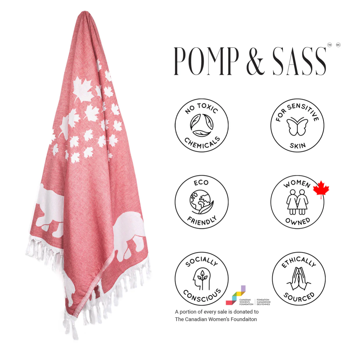 Pomp & Sass Turkish Body Towel - Red & White Canadian Bears