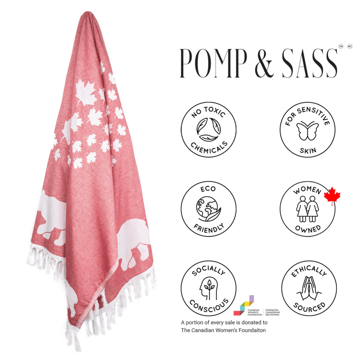 Pomp & Sass Turkish BODY Towel - Red & White Canadian Bears