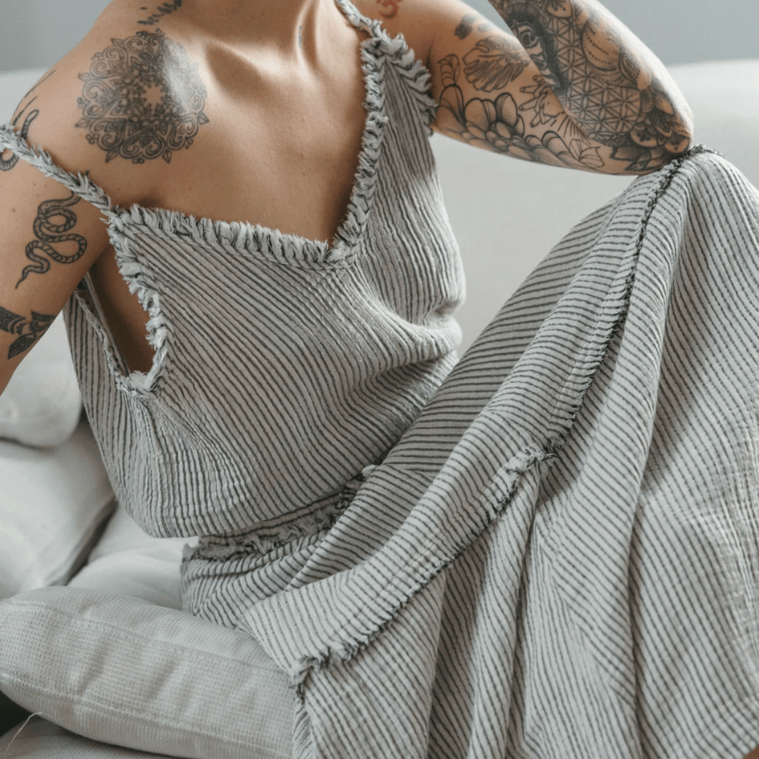 Pokoloko - Charcoal Striped Cotton Blend Crinkle Strappy Top