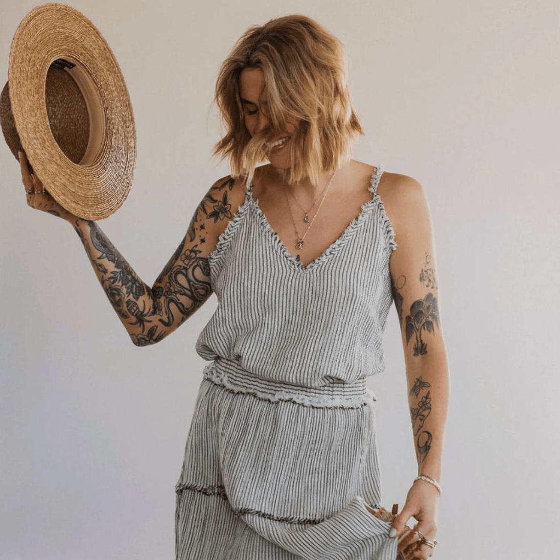 Pokoloko - Charcoal Striped Cotton Blend Crinkle Strappy Top