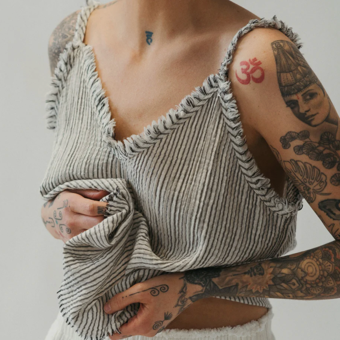 Pokoloko - Charcoal Striped Cotton Blend Crinkle Strappy Top