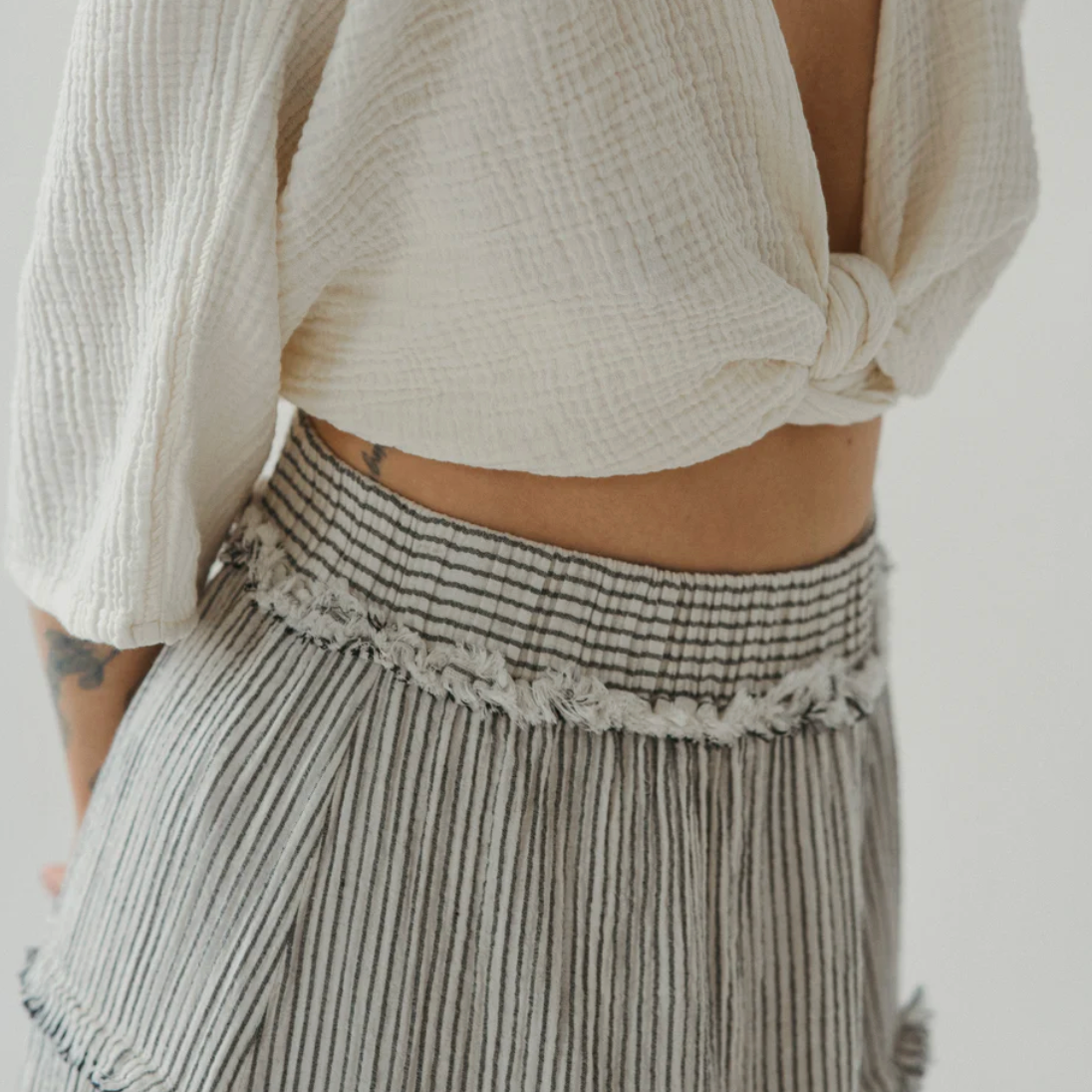 Pokoloko - Charcoal Striped Cotton Blend Crinkle Ruffle Skirt
