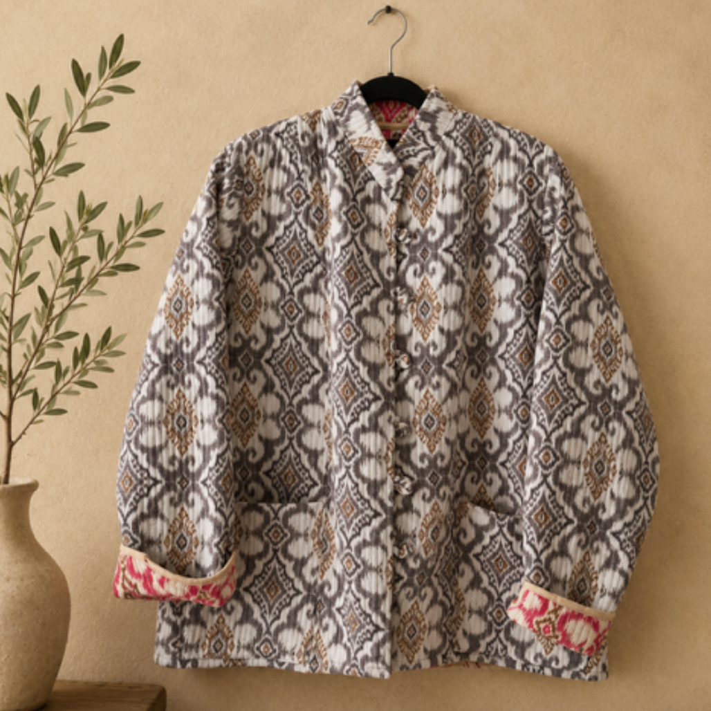 ZINNUR Handmade Reversible Quilted Cotton Jacket - Ikat Design