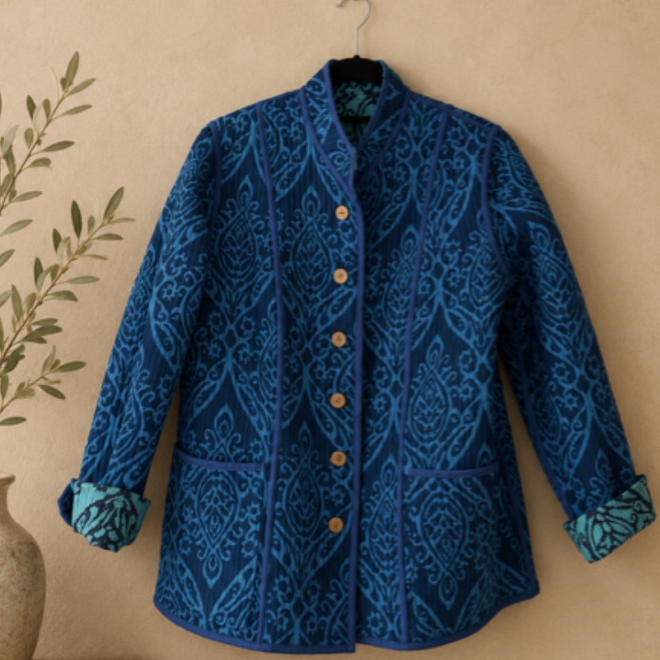 ZINNUR Handmade Reversible Quilted Cotton Jacket - Blue Damask
