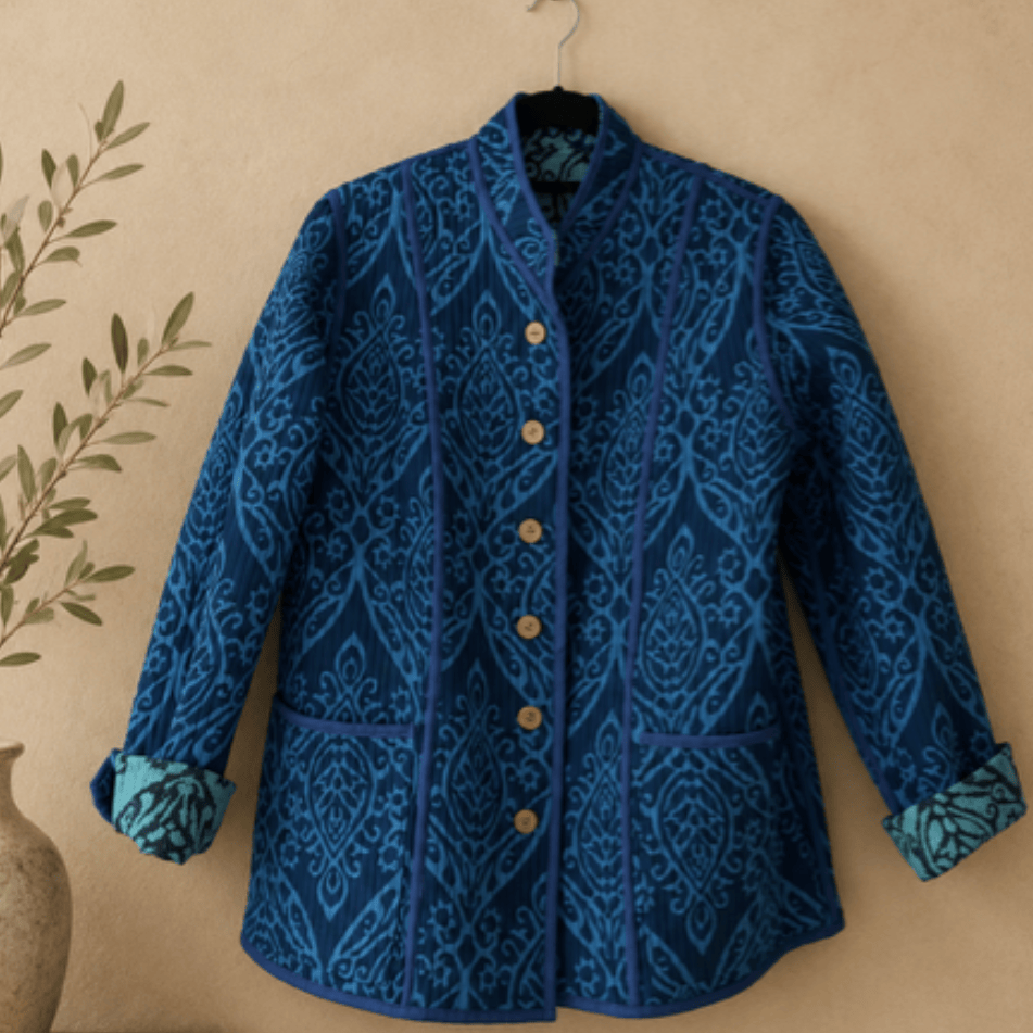 ZINNUR Handmade Reversible Quilted Cotton Jacket - Blue Damask