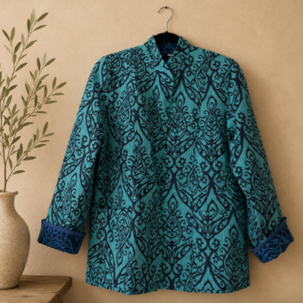 ZINNUR Handmade Reversible Quilted Cotton Jacket - Blue Damask