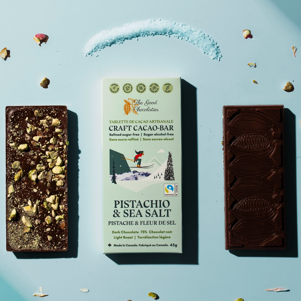 The Good Chocolatier - Pistachio & Sea Salt 75% Dark Chocolate Bar