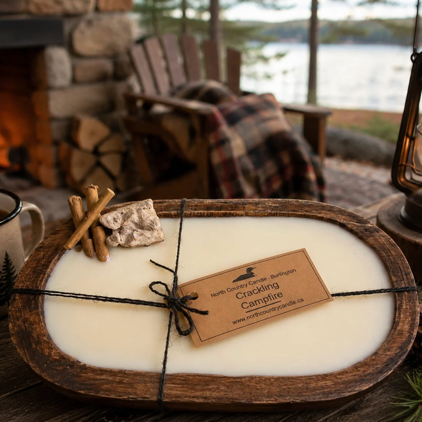 North Country Candle - Antique Walnut CRACKLING CAMPFIRE Dough Bowl Soy Wax Candle