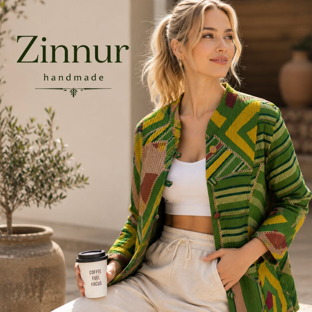 ZINNUR Handmade Reversible Quilted Cotton Jacket - Mustard Evergreen