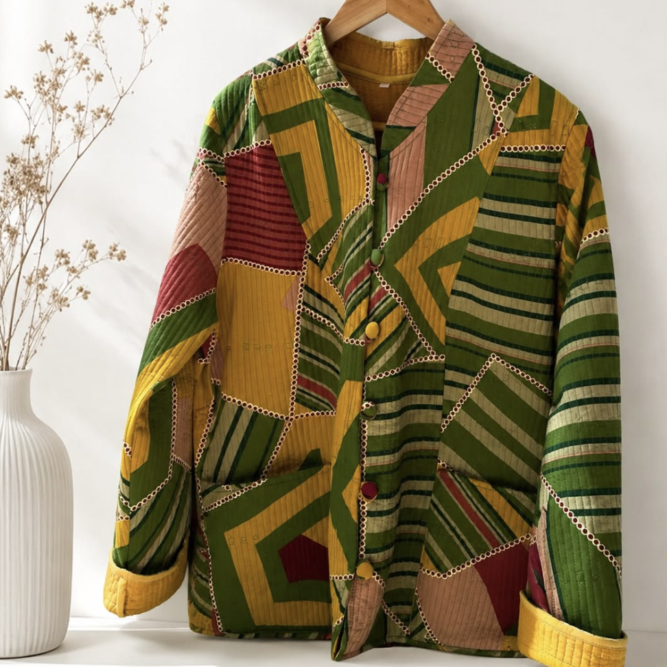 ZINNUR Handmade Reversible Quilted Cotton Jacket - Mustard Evergreen