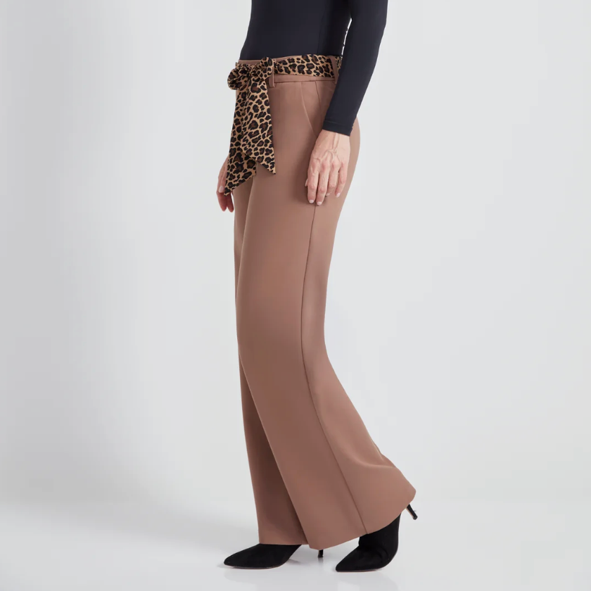UP! Pants - Ponte Tie-Sash Wide Leg Pants in Biscuit