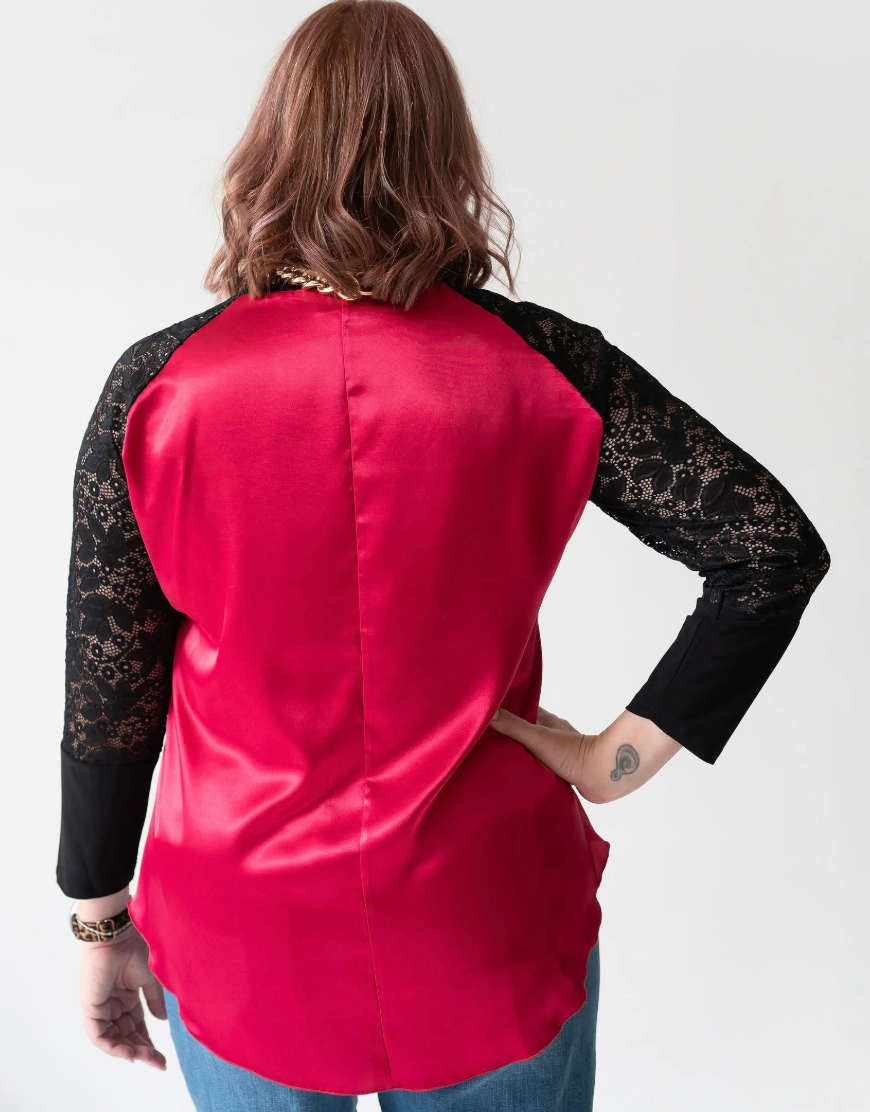 DOTTY Candy Apple Red Lace Sleeve Blouse