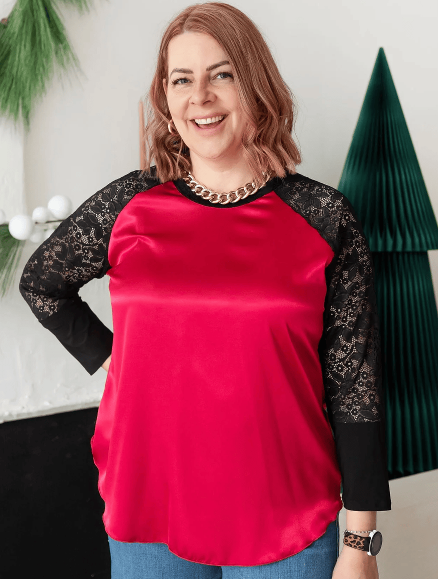 DOTTY Candy Apple Red Lace Sleeve Blouse