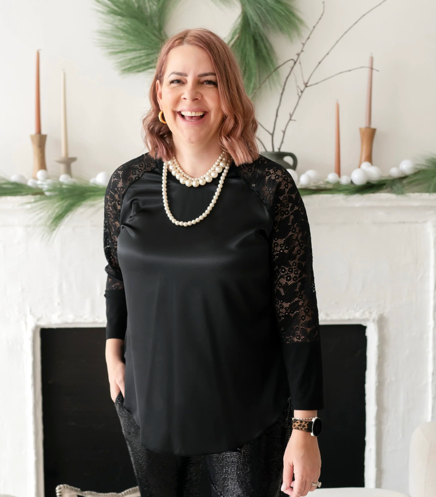 DOTTY Black Satin Lace Sleeve Blouse