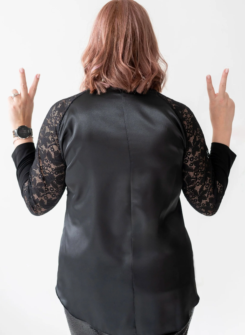 DOTTY Black Satin Lace Sleeve Blouse