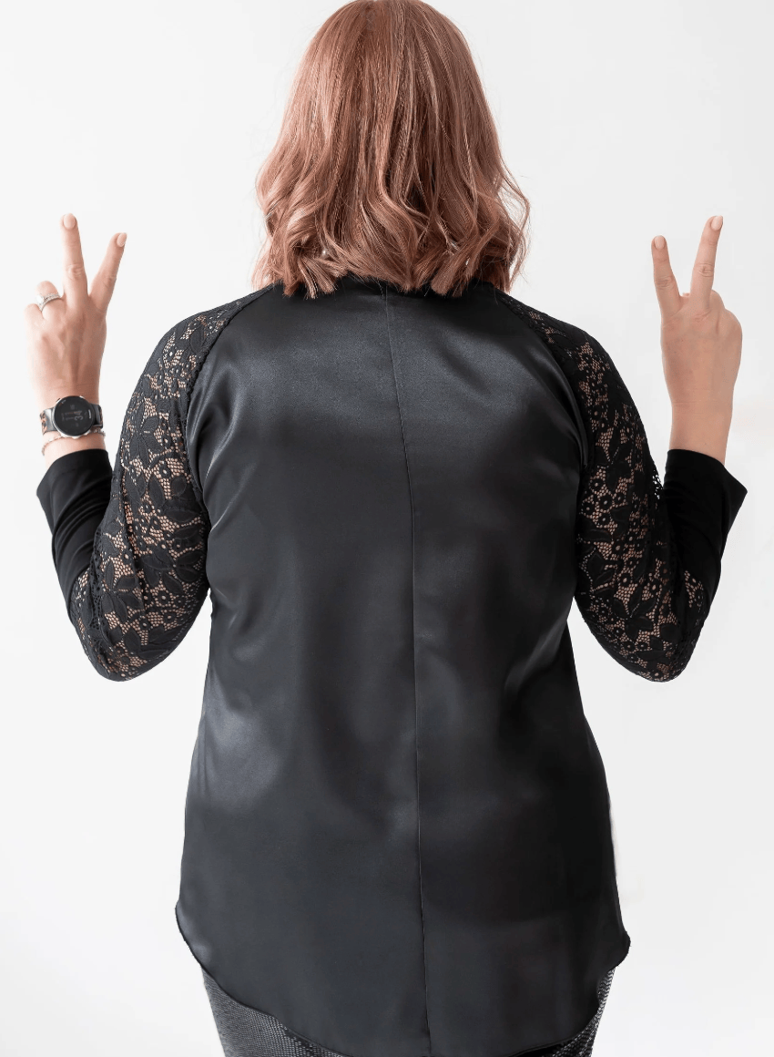 DOTTY Black Satin Lace Sleeve Blouse
