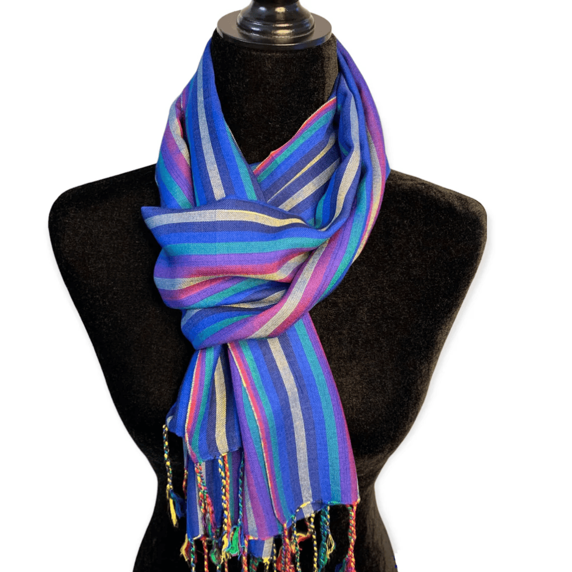 Blue striped scarf on a mannequin, seen June 30, 2025.