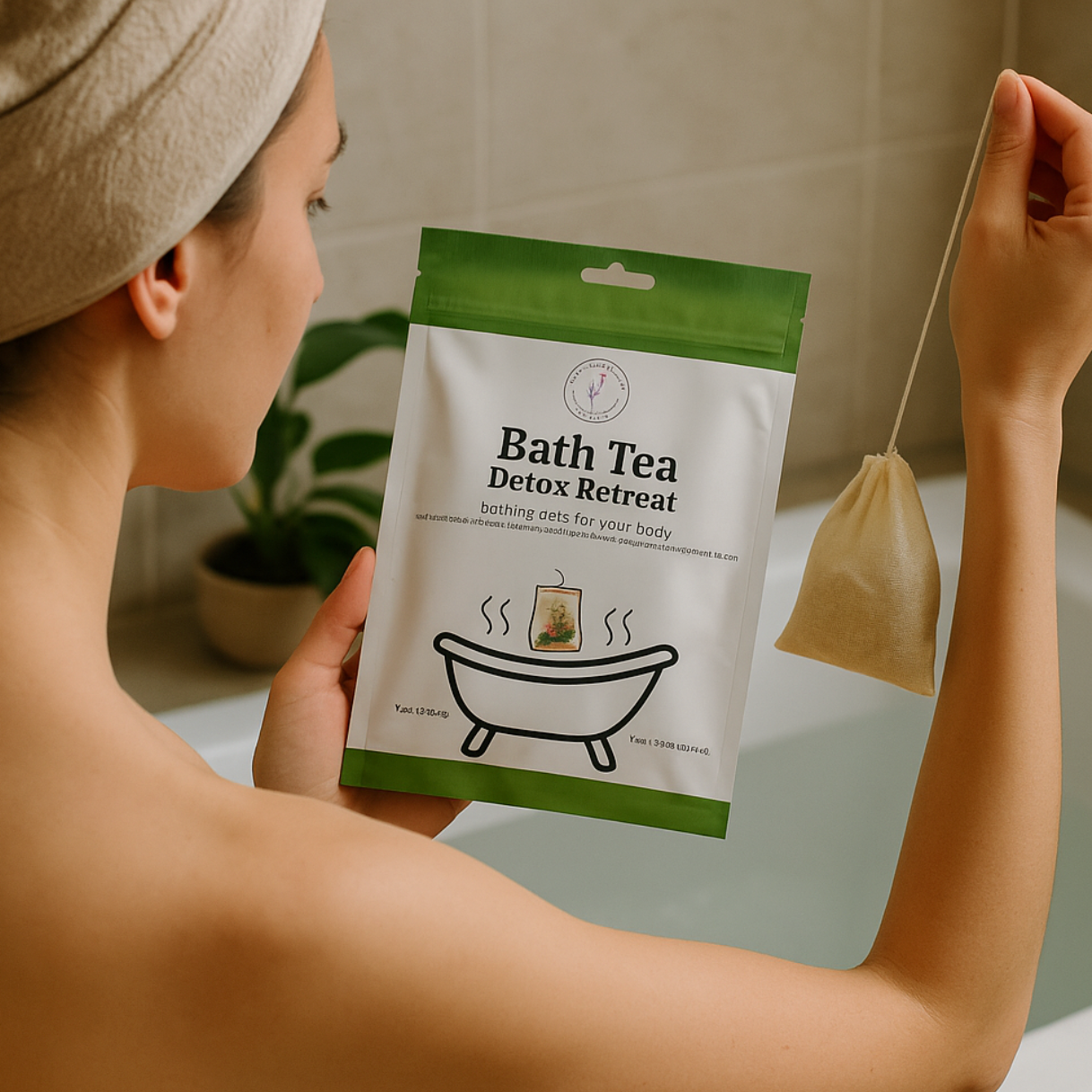 Woman holding Bath Tea Detox Retreat in the bathroom, July 9, 2025.