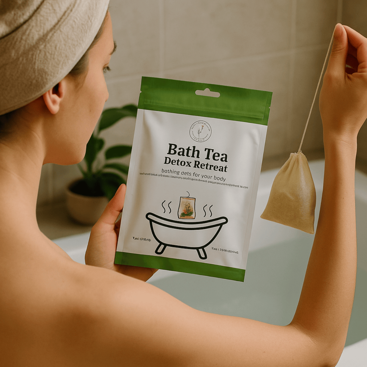 Woman holding Bath Tea Detox Retreat in the bathroom, July 9, 2025.
