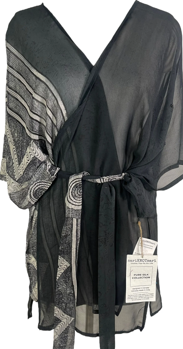 Black and white patterned wrap top, screenshot from July 2025