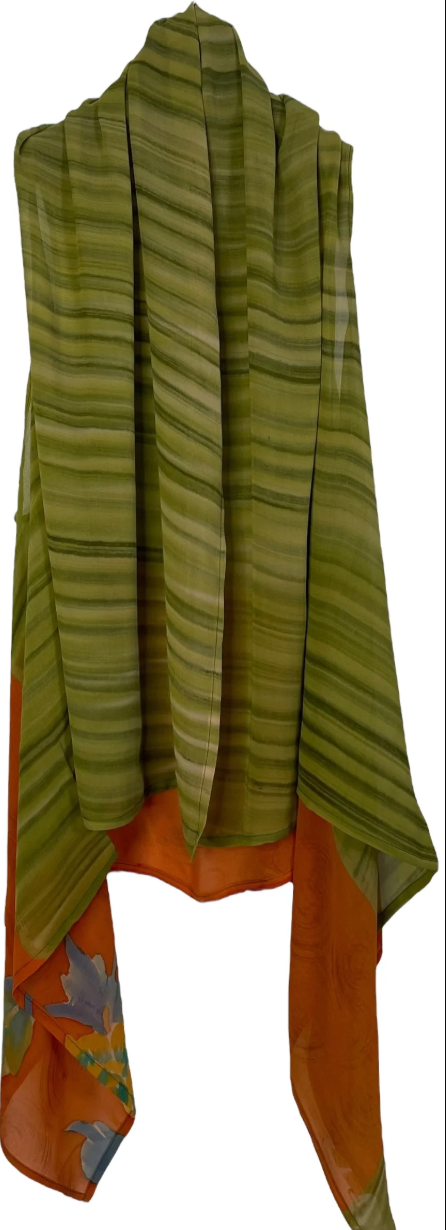 Green and orange striped scarf, screenshot from August 10, 2025.