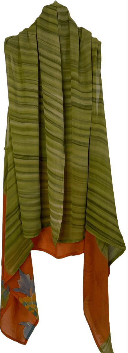 Green and orange striped scarf, screenshot from August 10, 2025.