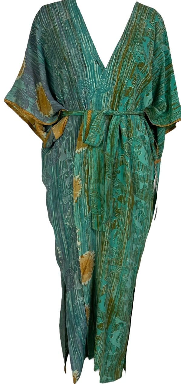Green patterned kaftan dress, screenshot from August 10, 2025.