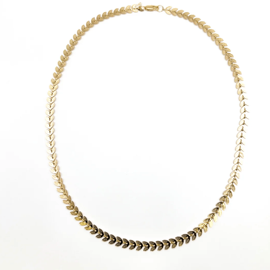 Gold leaf necklace, screenshot from August 22, 2025.