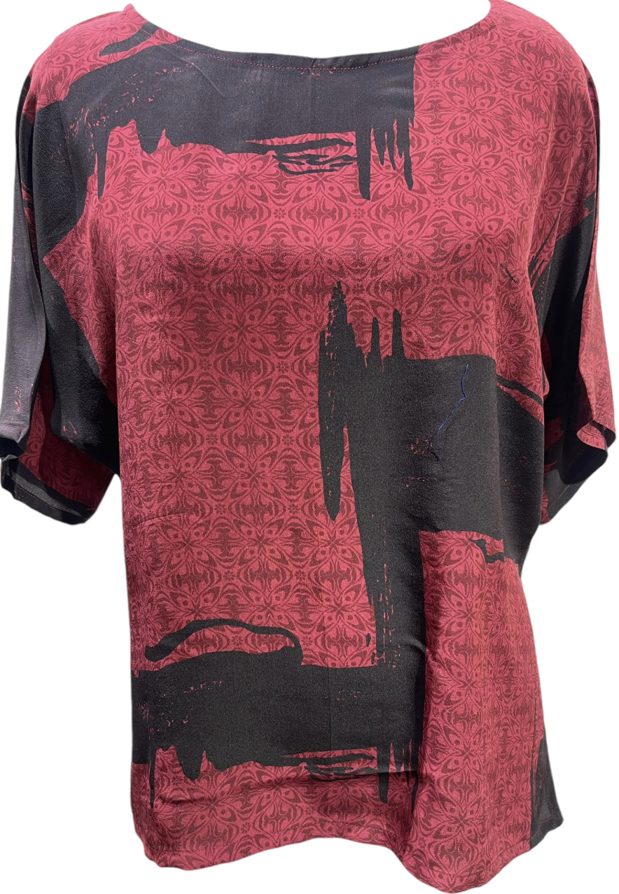 Red and black abstract print top, screenshot from Aug 27, 2025.