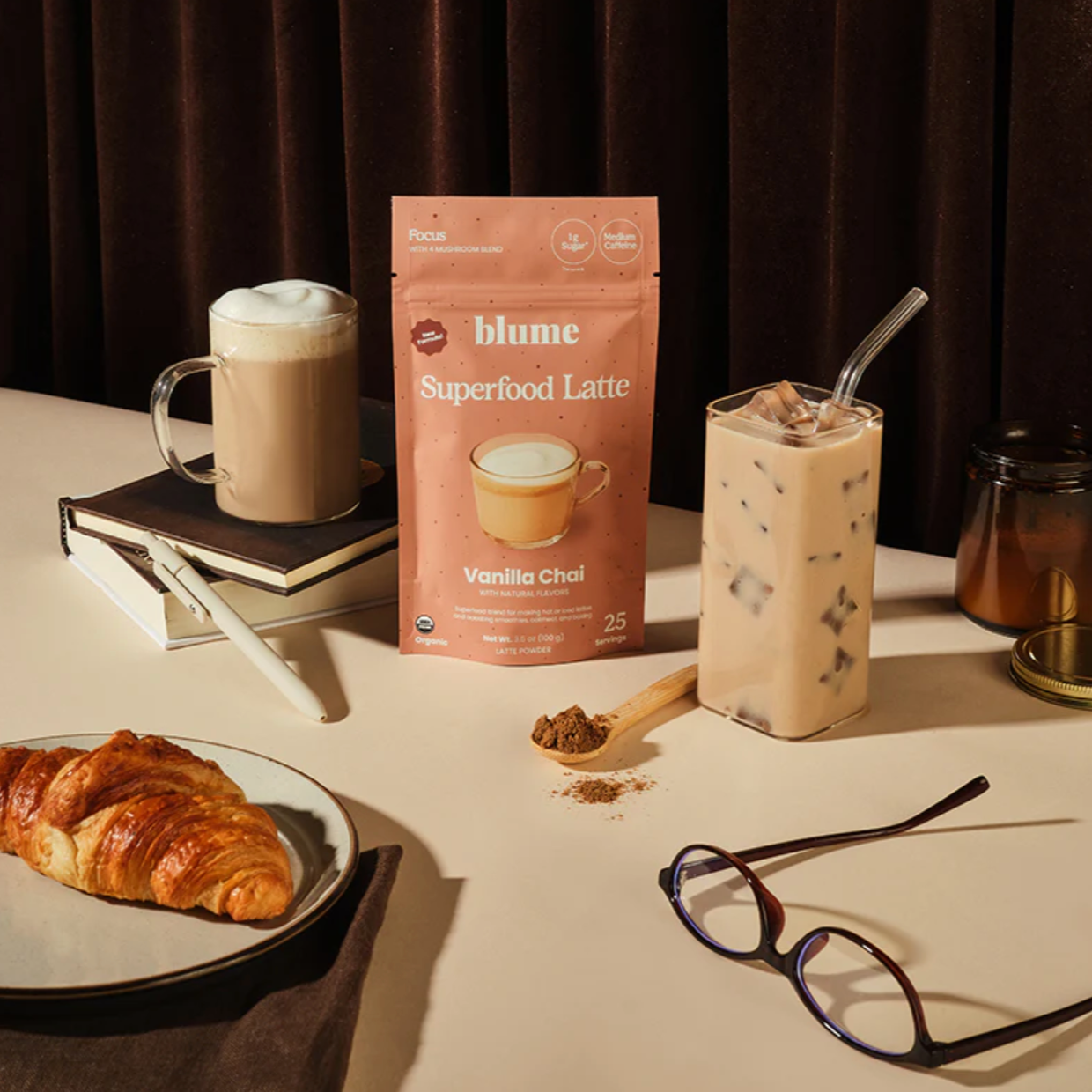 Blume Vanilla Chai Superfood Latte with croissant and iced drink, August 29...