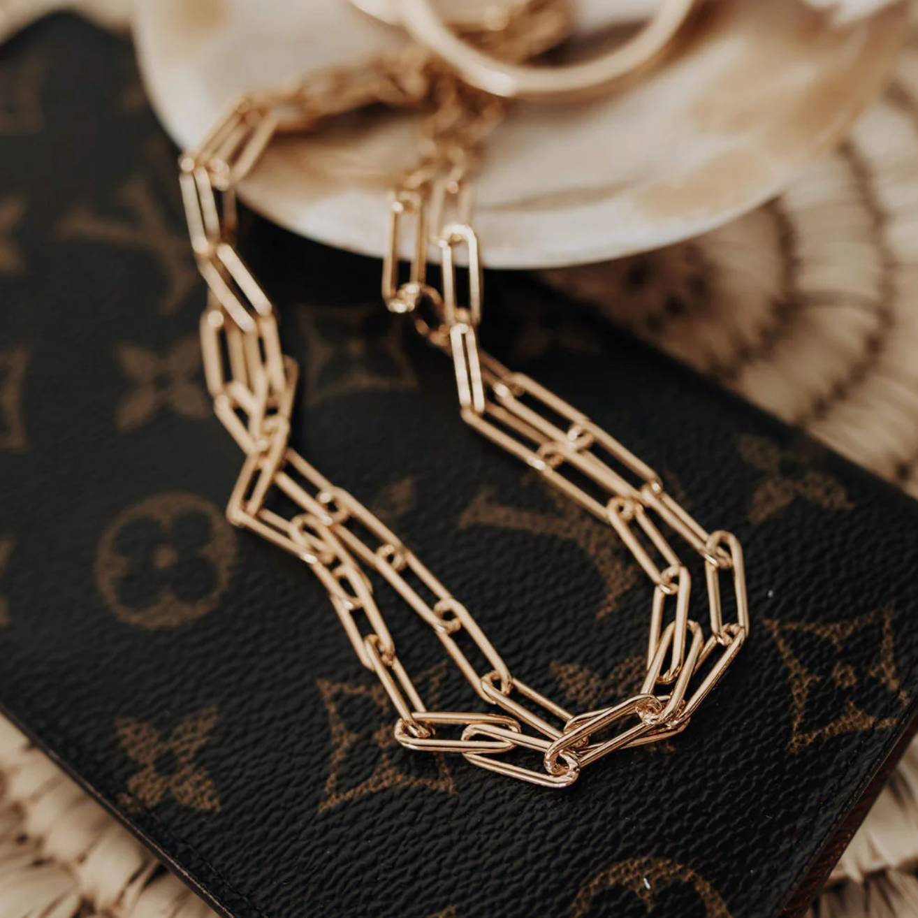 Gold chain necklace on Louis Vuitton wallet - Sept 15, 2025 screenshot