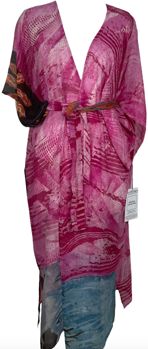 sariKNOTsari Avatar Long Pure Silk Kimono Sleeved Duster with Belt