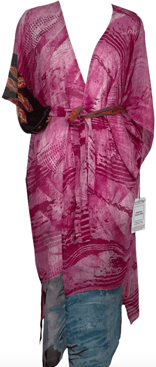 sariKNOTsari Avatar Long Pure Silk Kimono Sleeved Duster with Belt