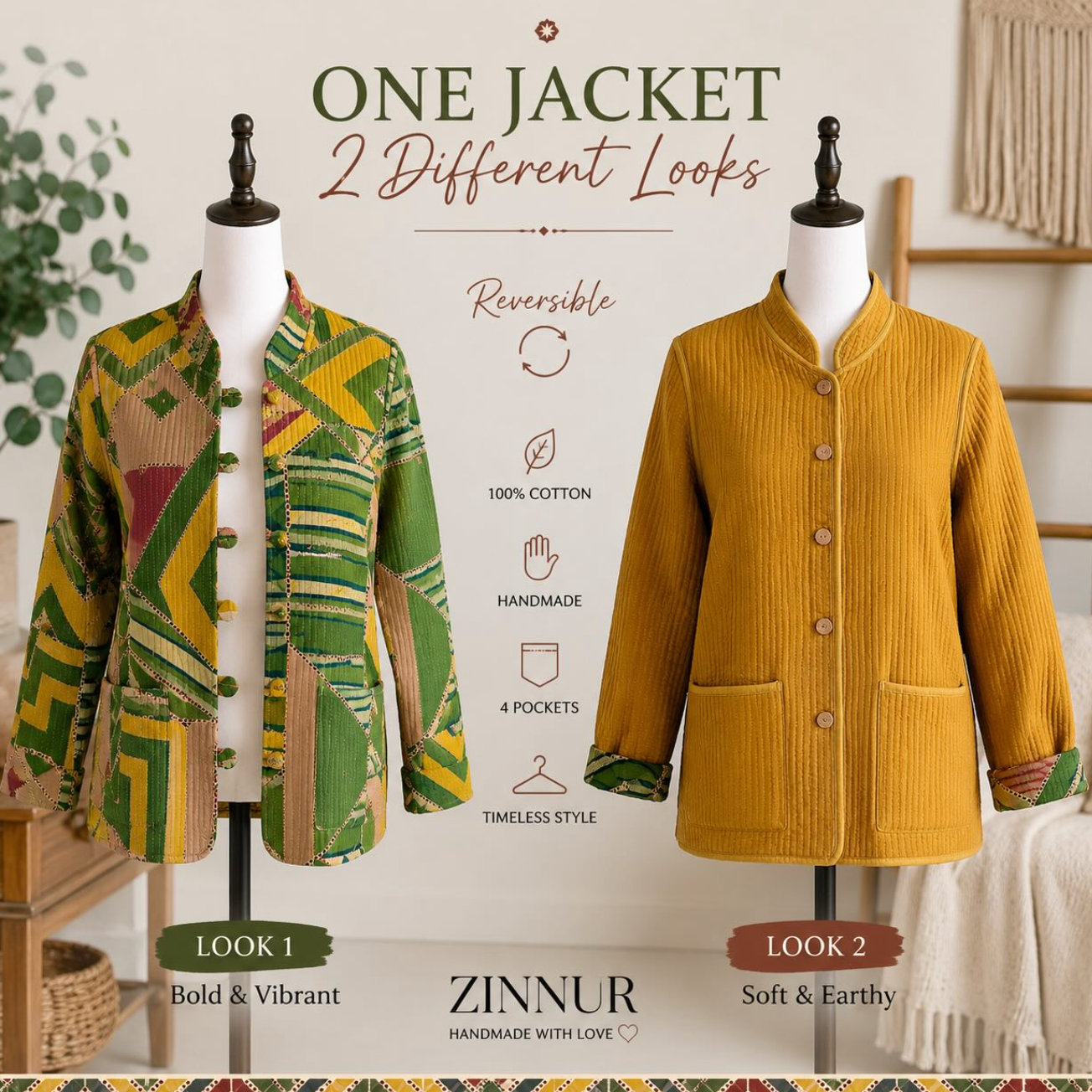ZINNUR Handmade Reversible Quilted Cotton Jacket - Mustard Evergreen