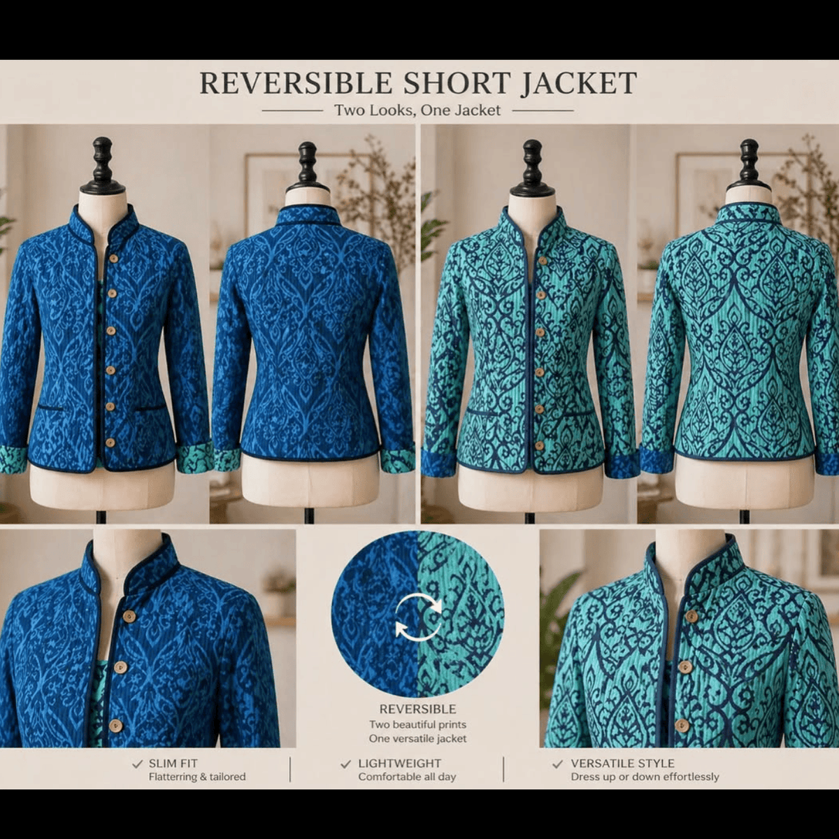 ZINNUR Handmade Reversible Quilted Cotton Jacket - Blue Damask